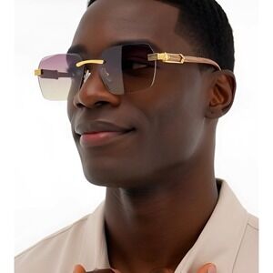 Rimless Sunglasses Men Fashion Gradient Lens Wood Grain Frame Retro Lentes Gafas